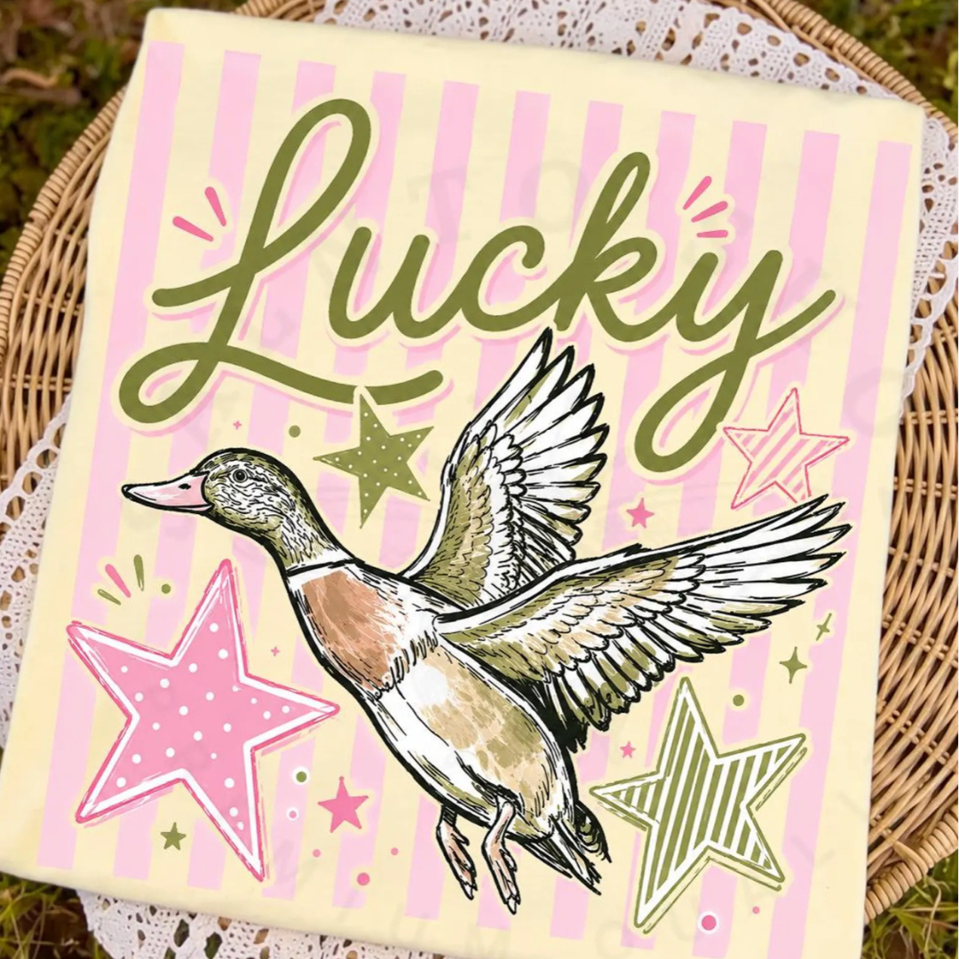 Made to Order | Lucky Olive/Pink Duck Printed Graphic Design Tee or Sweatshirt in Multiple Printing Options on Butter Yellow