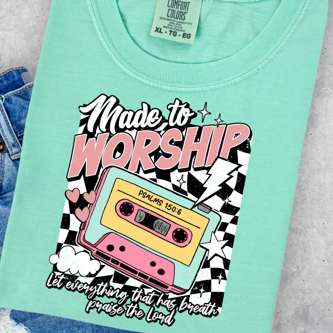 Made to Order | Made To Worship Retro Graphic Tee or Sweatshirt in Multiple Printing Options on Mint Green