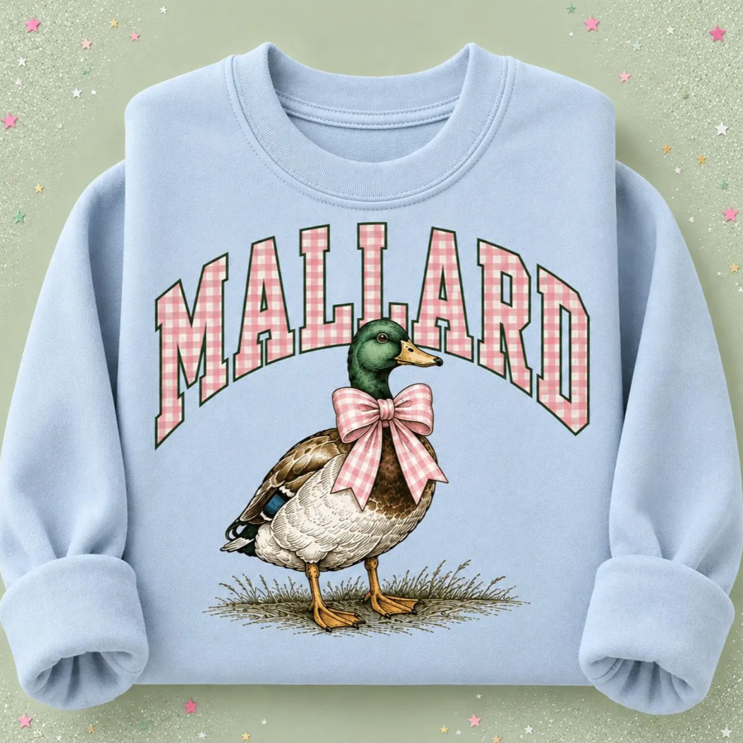 Made to Order | Mallard Gingham Printed Graphic Design Tee or Sweatshirt in Multiple Printing Options on Light Blue