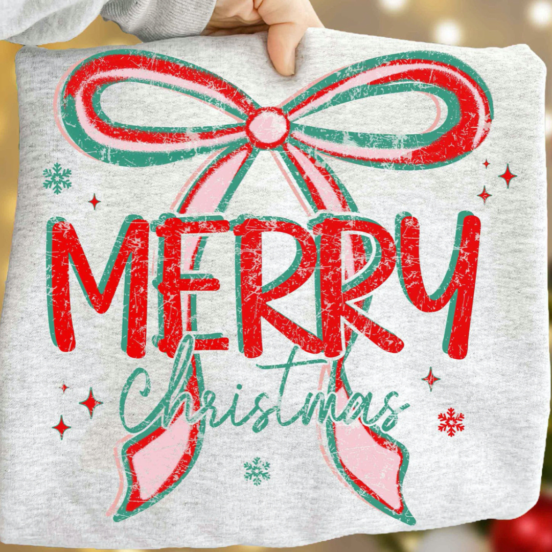 Made to Order | Merry Bow Design Graphic Tee or Sweatshirt in Multiple Printing Options on Grey