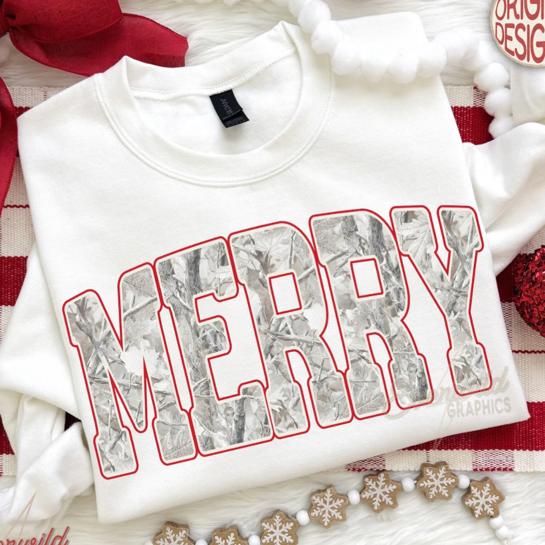 Made to Order | Merry Camo Graphic Tee or Sweatshirt in Multiple Printing Options on White
