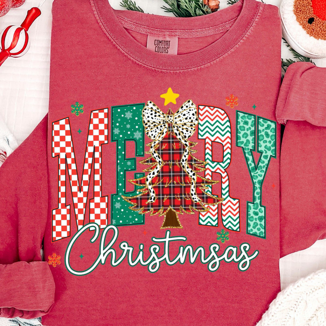 Made to Order | Merry Christmas Checker Graphic Tee or Sweatshirt in Multiple Printing Options on Red