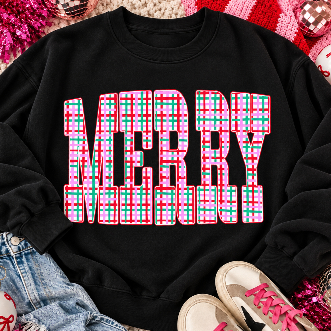 Made to Order | Merry Prep Plaid Graphic Tee or Sweatshirt in Multiple Printing Options on Black