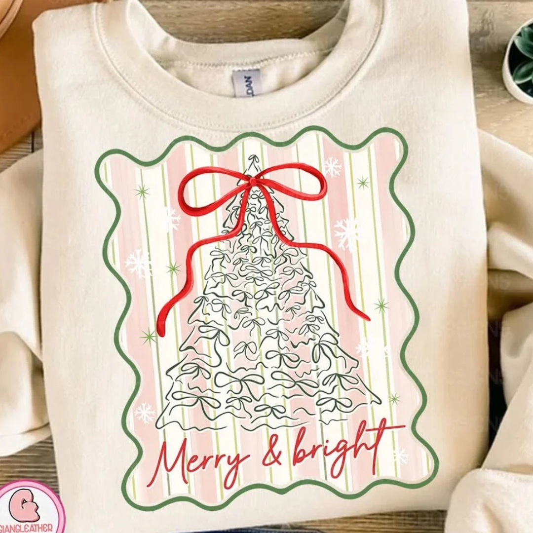 Made to Order | Merry &amp; Bright Christmas Tree Graphic Tee or Sweatshirt in Multiple Printing Options on Sand