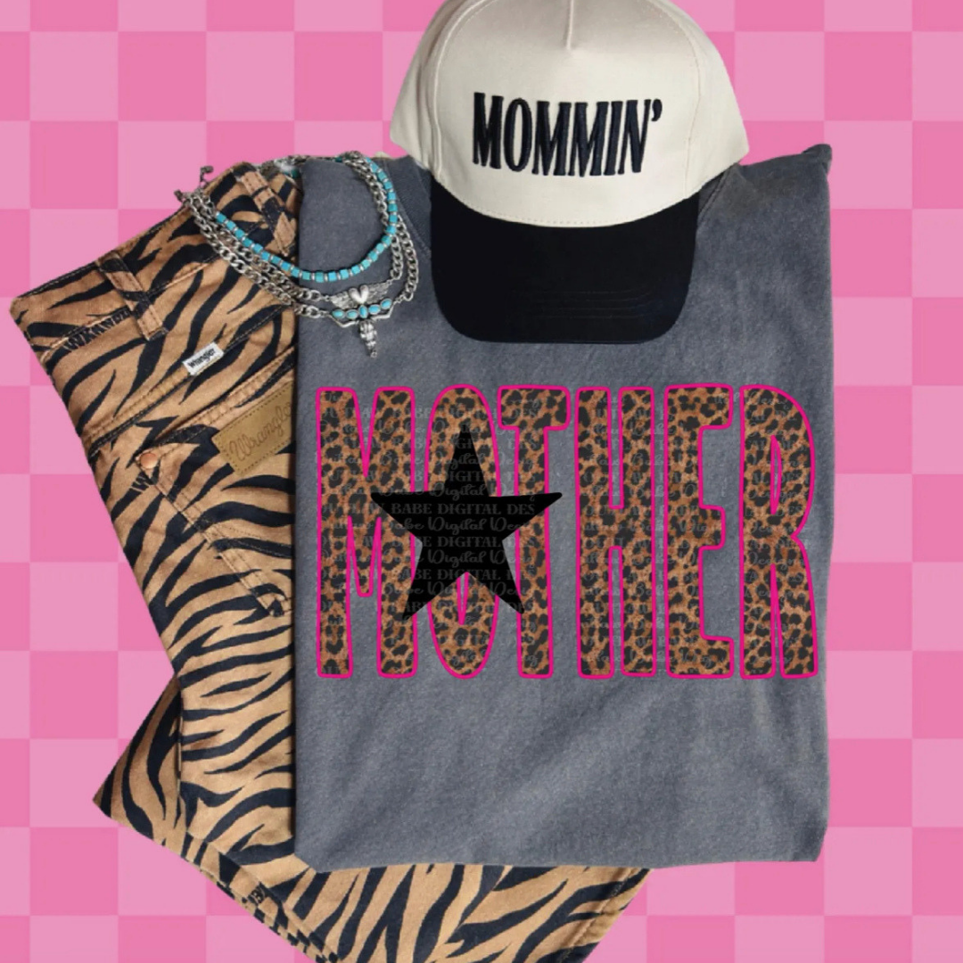 Made to Order | Mother Leopard Pink Border Graphic Design Tee or Sweatshirt in Multiple Printing Options on Pepper Black