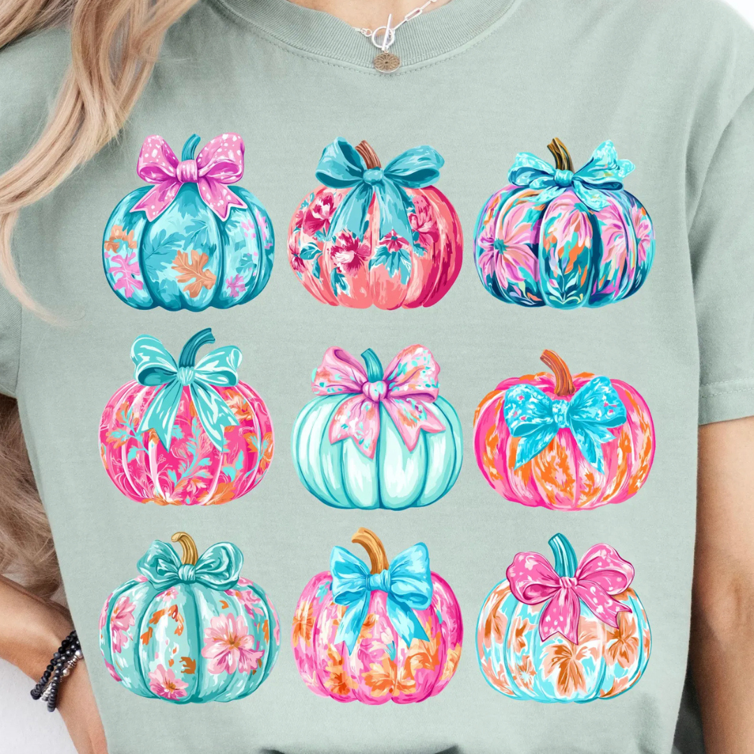 Made to Order | Multi Neon Pumpkins Graphic Design Tee or Sweatshirt in Multiple Printing Options on Sage Green