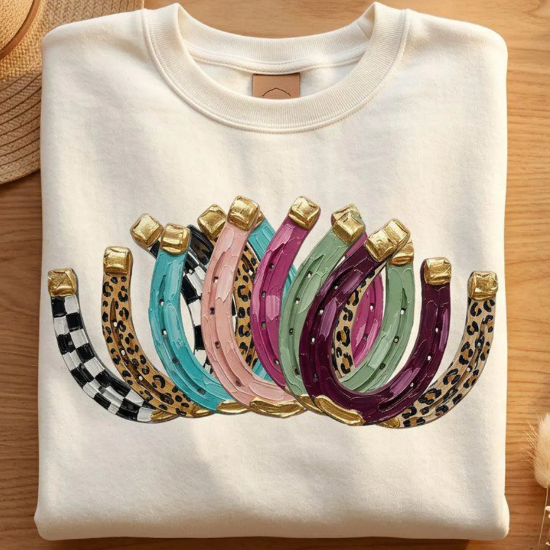 Made to Order | Multi Painted Cute Horseshoe Design Graphic Tee or Sweatshirt in Multiple Printing Options on White