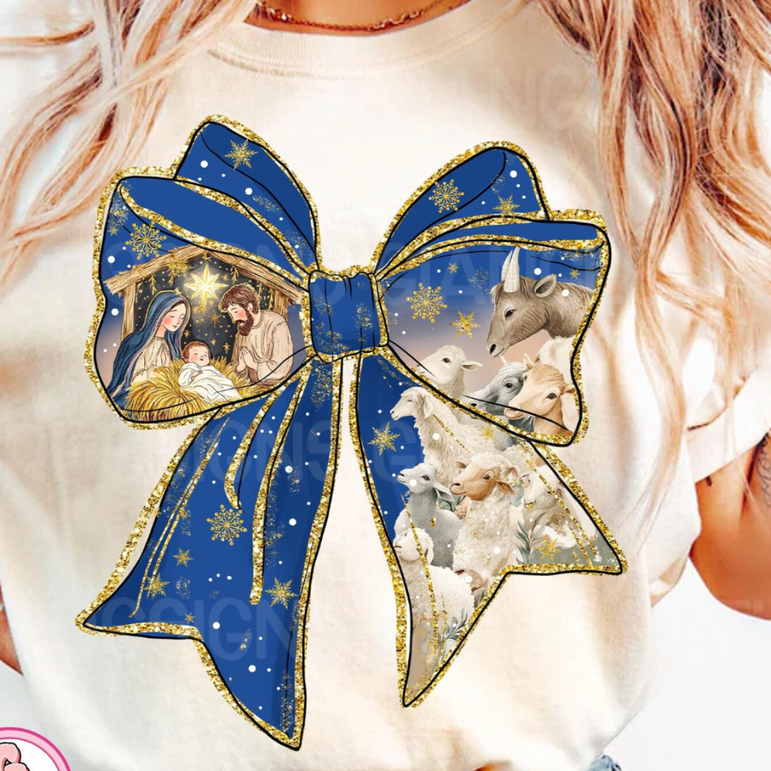 Made to Order | Nativity Bow Blue Design Graphic Tee or Sweatshirt in Multiple Printing Options on Natural