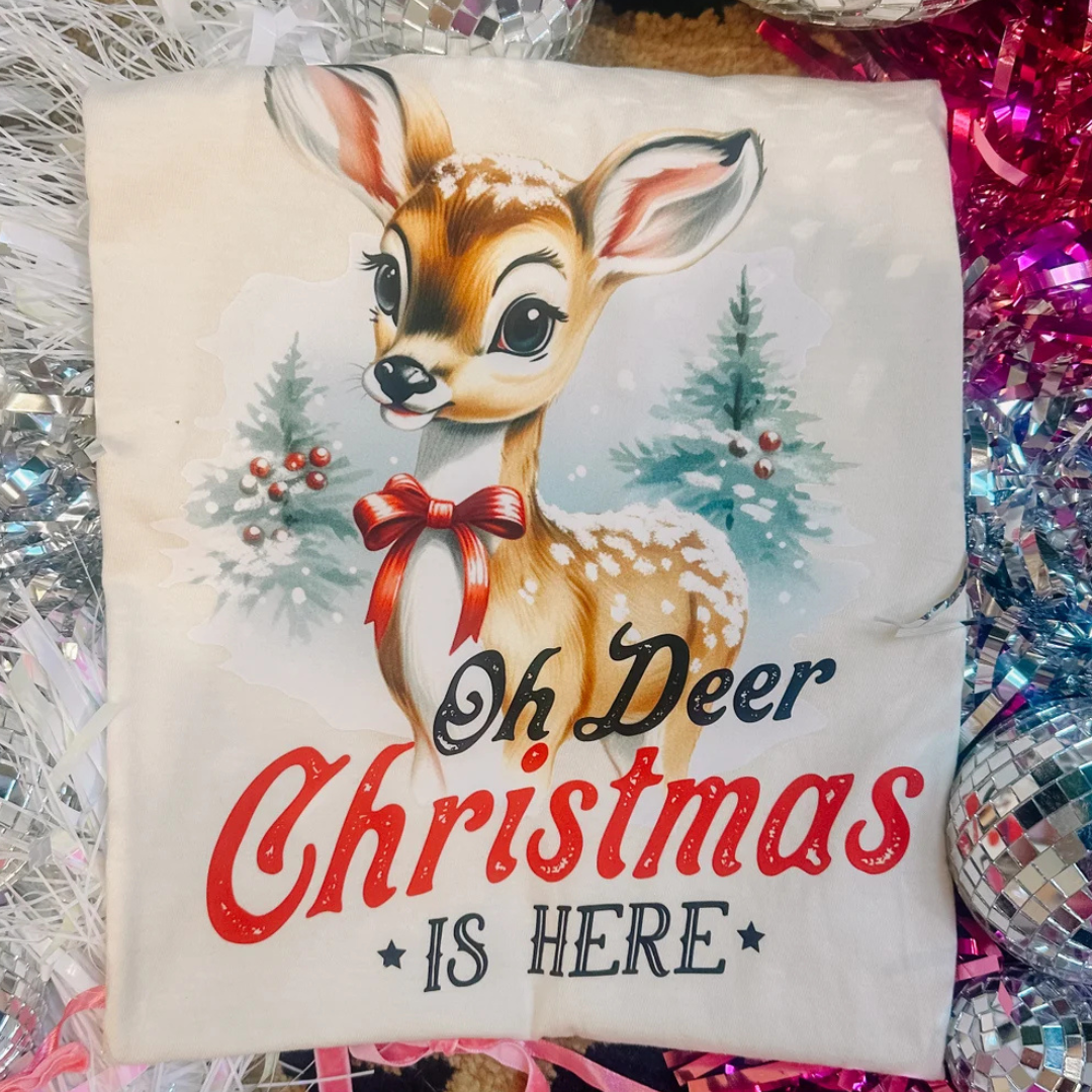 Made to Order | Oh Deer Christmas Graphic Tee or Sweatshirt in Multiple Printing Options on Natural