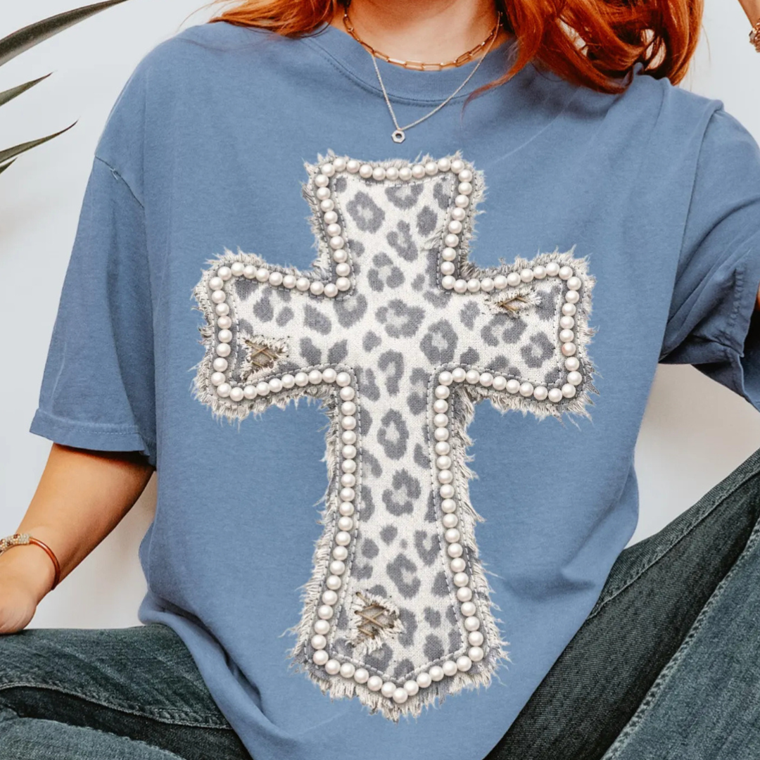 Made to Order | Oversized Leopard Pearl Cross Graphic Tee or Sweatshirt in Multiple Printing Options on Dusty Blue