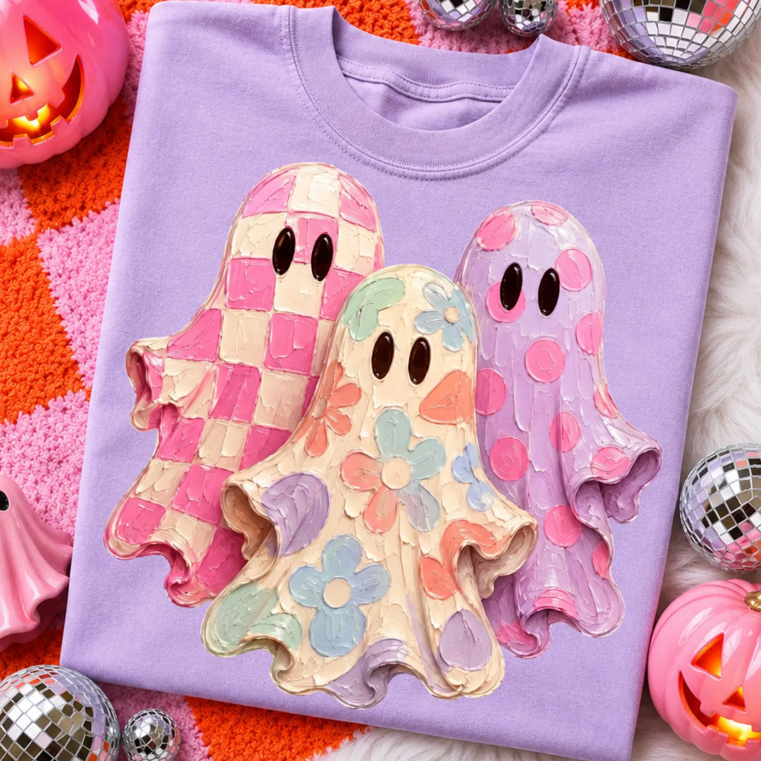 Made to Order | Pastel Ghost Trio Graphic Design Tee or Sweatshirt in Multiple Printing Options on Light Purple