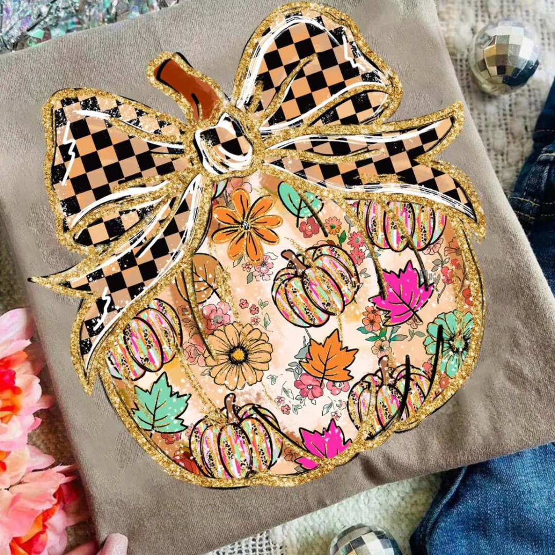 Made to Order | Pastel Pumpkin Checkered Bow Graphic Design Tee or Sweatshirt in Multiple Printing Options on Brown Savana