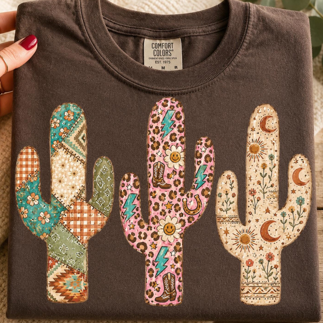 Made to Order | Patchwork Western Cactus Graphic Tee or Sweatshirt in Multiple Printing Options on Brown
