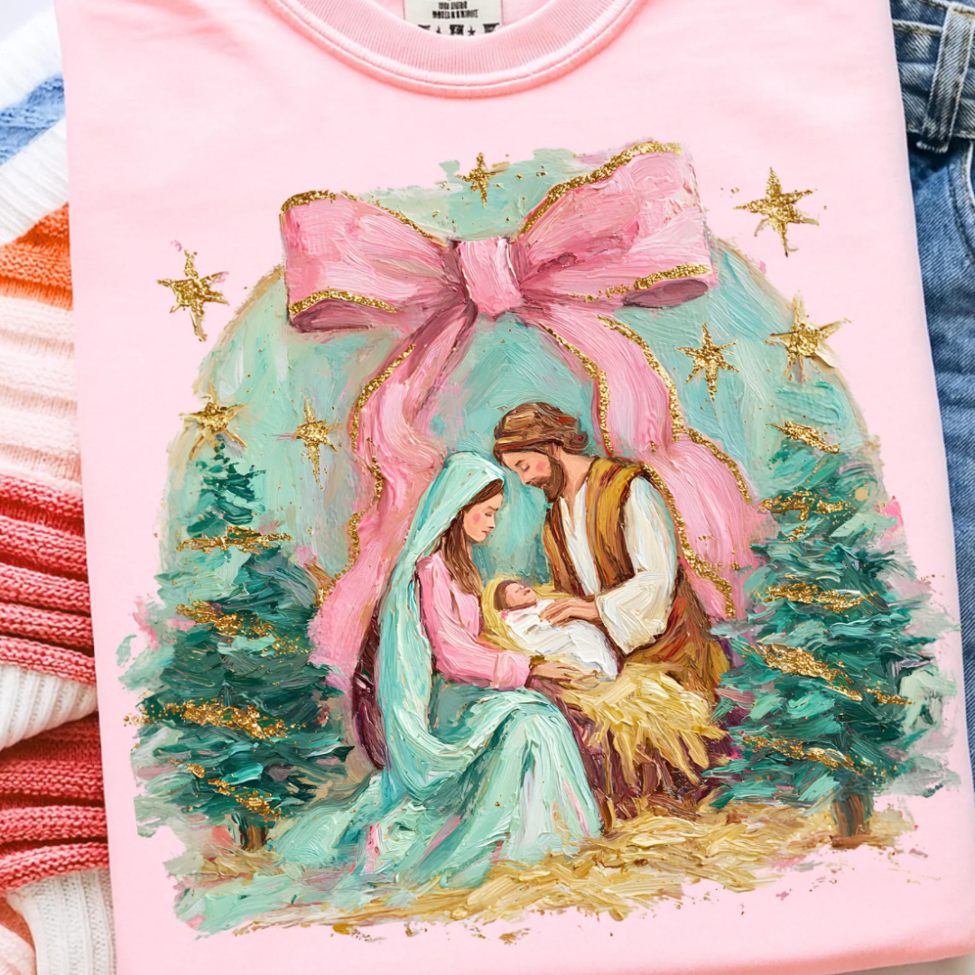 Made to Order | Pink Nativity Scene Graphic Tee or Sweatshirt in Multiple Printing Options on Light Pink