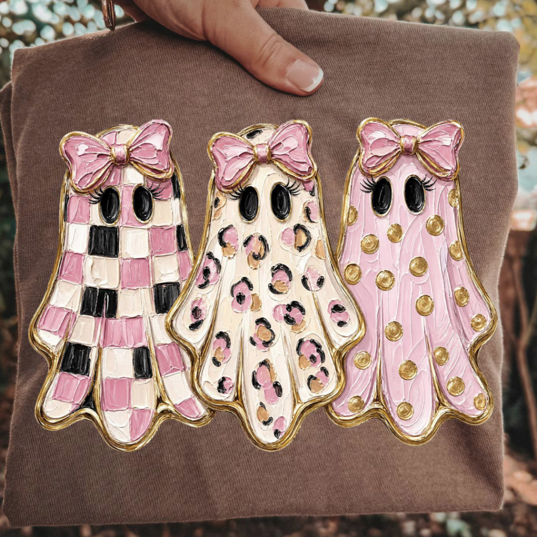 Made to Order | Pink Pastel Ghosties Graphic Design Tee or Sweatshirt in Multiple Printing Options on Espresso Brown