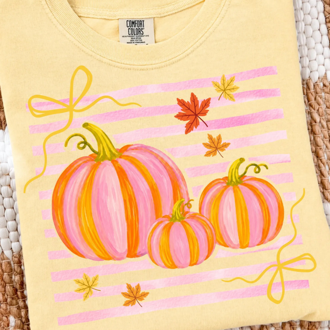 Made to Order | Pink Pumpkin Design Tee or Sweatshirt in Multiple Printing Options on Butter Yellow