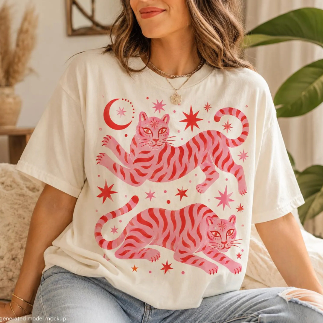 Made to Order | Pink Tiger Graphic Design Tee or Sweatshirt in Multiple Printing Options on White