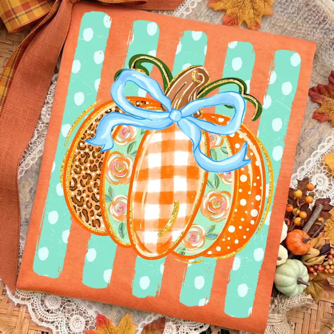 Made to Order | Polka Stripe Pumpkin Graphic Design Tee or Sweatshirt in Multiple Printing Options on Orange