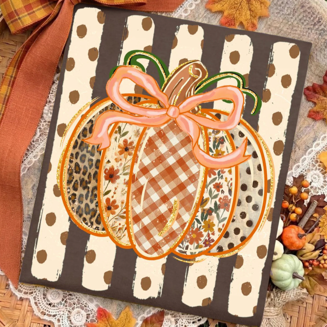 Made to Order | Preppy Polka Stripe Pumpkin Design Tee or Sweatshirt in Multiple Printing Options on Brown