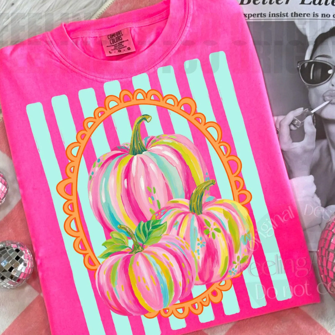 Made to Order | Pumpkin Bunched Striped Graphic Design Tee or Sweatshirt in Multiple Printing Options on Hot Pink