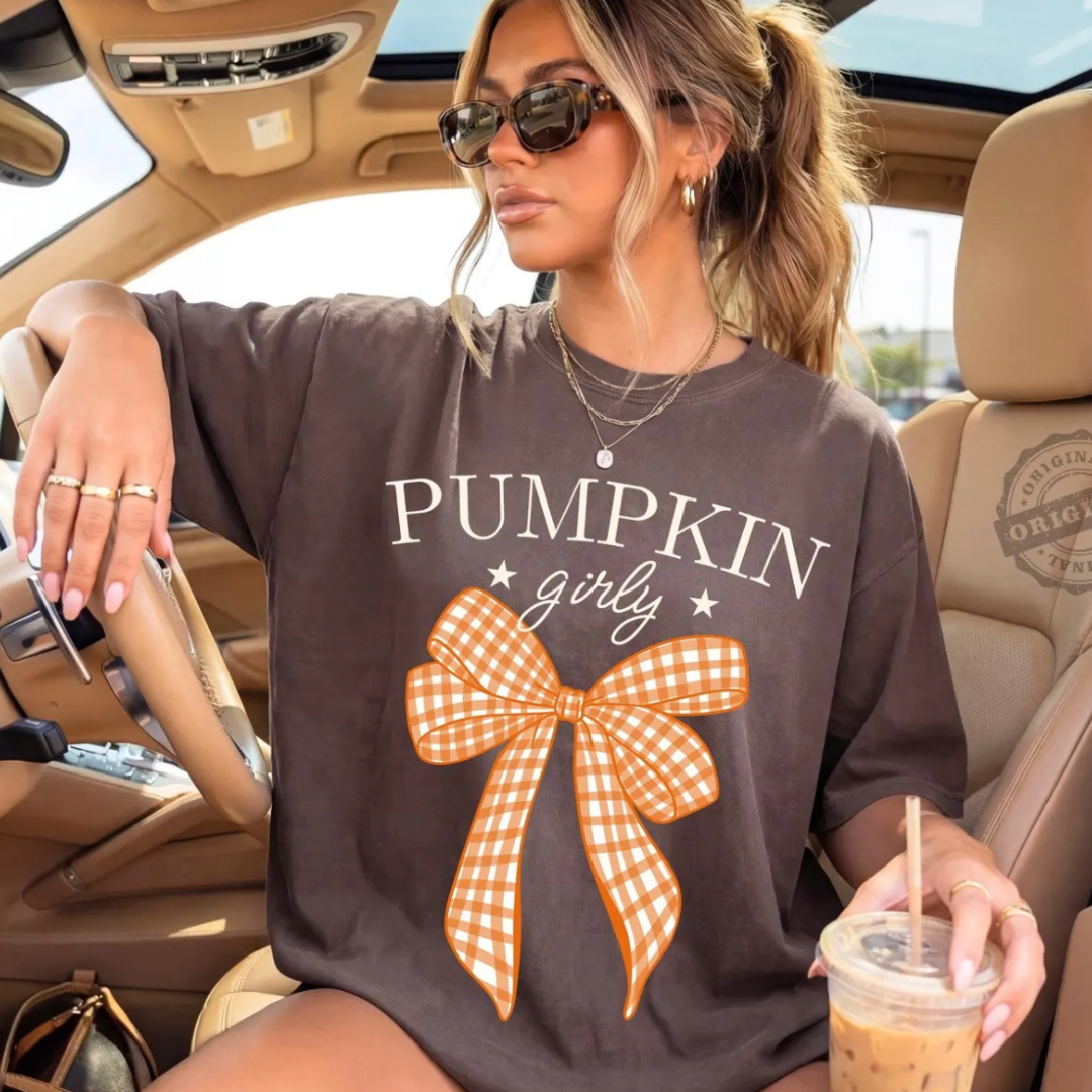 Made to Order | Pumpkin Girly Bow Graphic Design Tee or Sweatshirt in Multiple Printing Options on Chocolate Brown