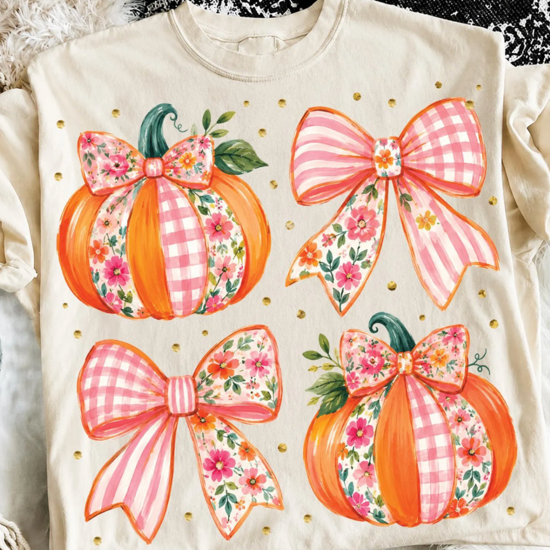 Made to Order | Pumpkin &amp; Bows Graphic Design Tee or Sweatshirt in Multiple Printing Options on Ivory