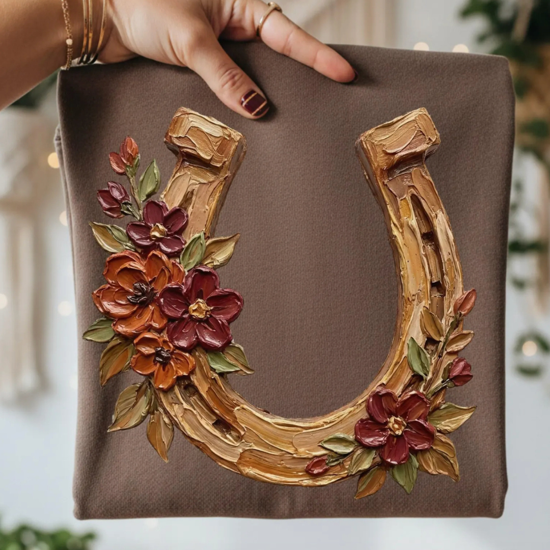Made to Order | Rustic Floral Horseshoe Design Graphic Tee or Sweatshirt in Multiple Printing Options on Espresso Brown