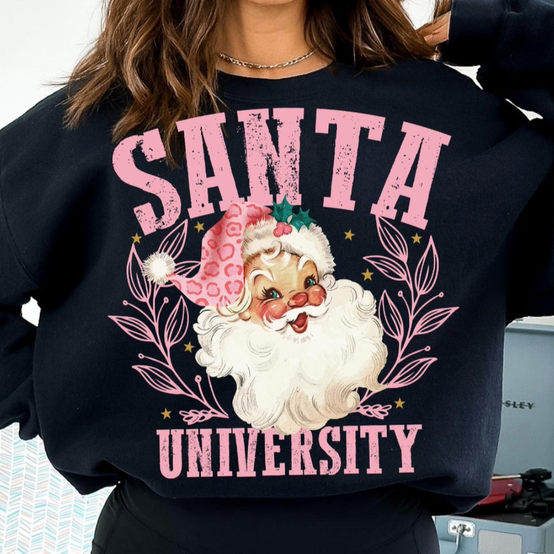 Made to Order | Santa University Design Graphic Tee or Sweatshirt in Multiple Printing Options on Black