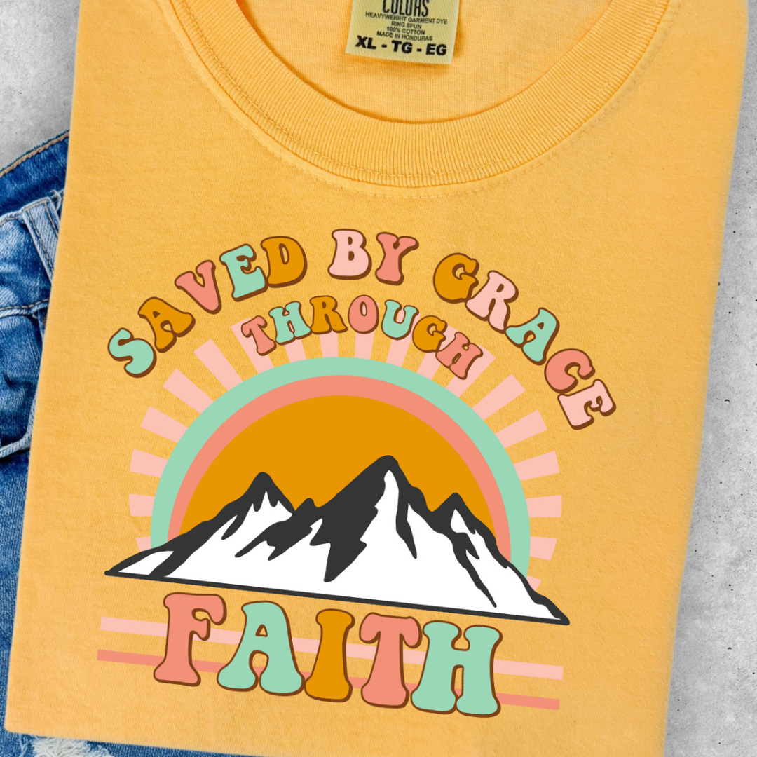 Made to Order | Saved By Grace Mountains Design Graphic Tee or Sweatshirt in Multiple Printing Options on Yellow