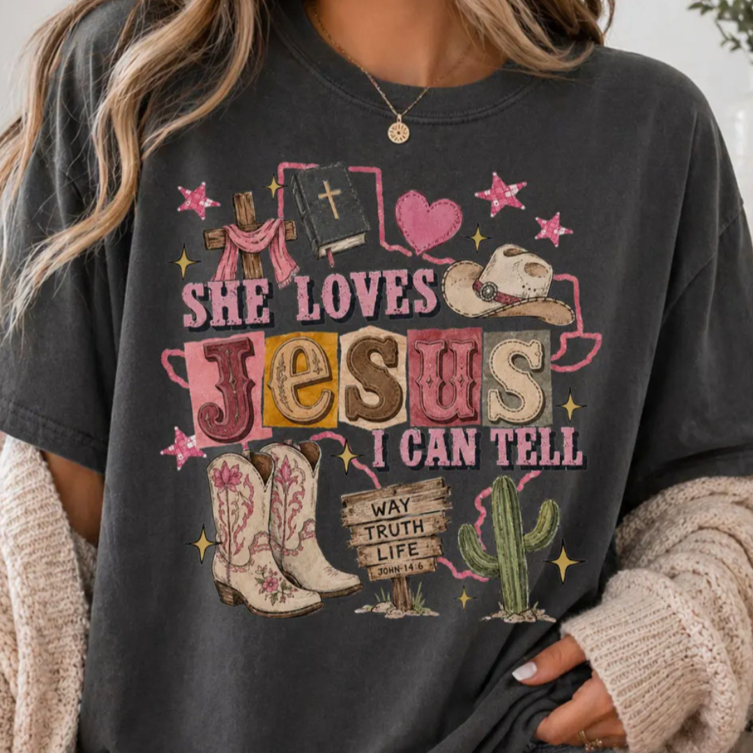 Made to Order | She Loves Jesus I Can Tell Design Tee or Sweatshirt in Multiple Printing Options on Pepper Black