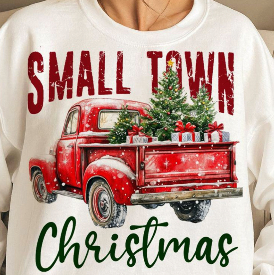 Made to Order | Small Town Christmas Truck Graphic Tee or Sweatshirt in Multiple Printing Options on White