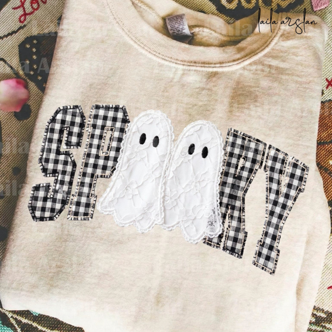 Made to Order | Spooky Gingham Ghosts Design Tee or Sweatshirt in Multiple Printing Options on Sand
