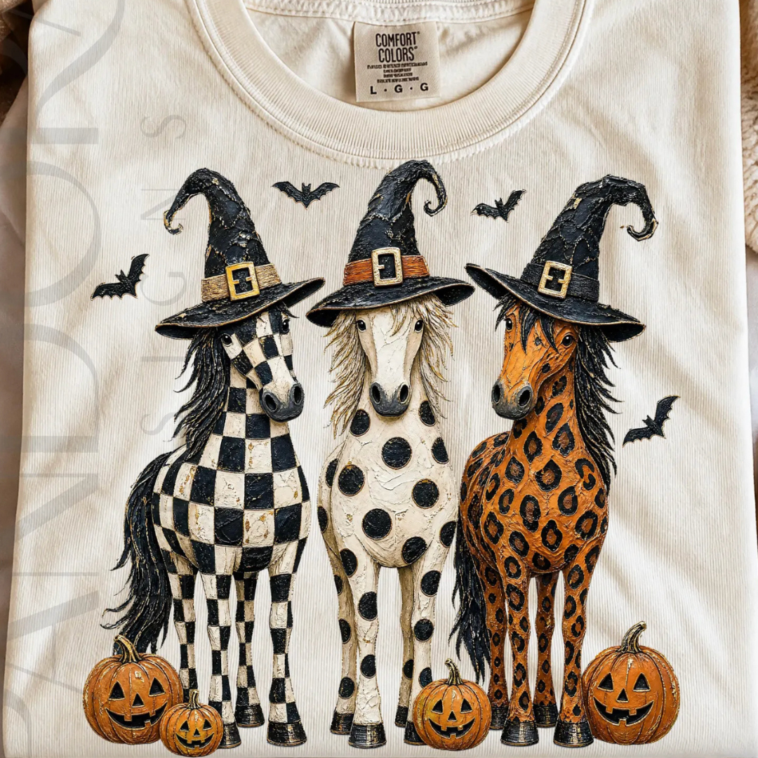 Made to Order | Spooky Horse Trio Graphic Design Tee or Sweatshirt in Multiple Printing Options on Ivory