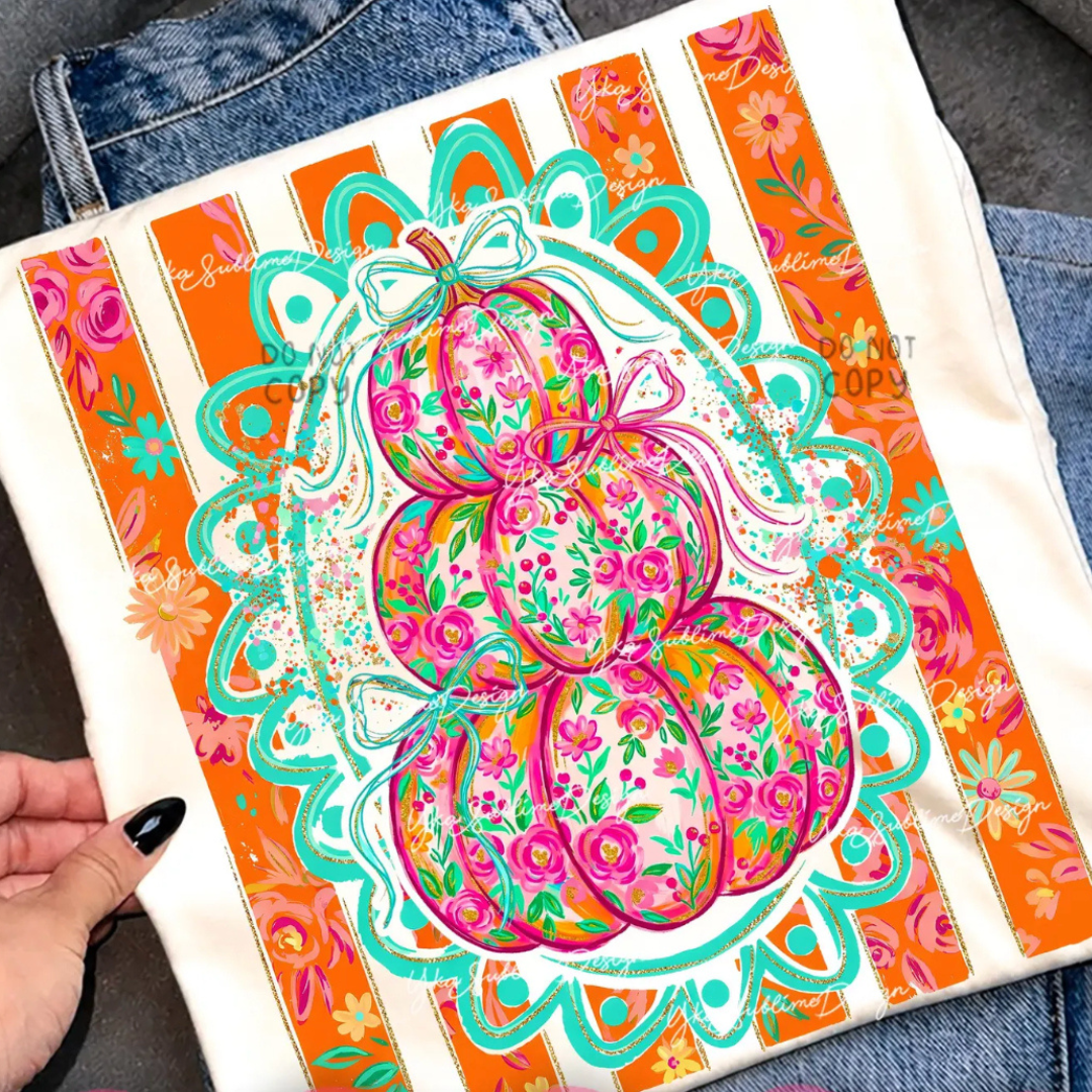 Made to Order | Stripe Floral Tiered Pumpkin Graphic Design Tee or Sweatshirt in Multiple Printing Options on white