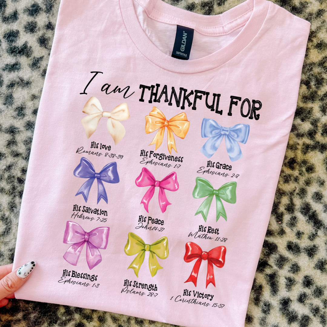 Made to Order | Thankful Bows Design Graphic Tee or Sweatshirt in Multiple Printing Options on Light Pink
