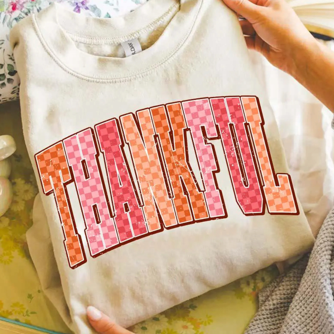 Made to Order | Thankful Preppy Checker Graphic Design Tee or Sweatshirt in Multiple Printing Options on Ivory