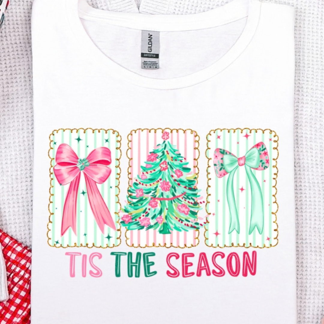 Made to Order | Tis The Season Preppy Bow and Christmas Tree Graphic Tee or Sweatshirt in Multiple Printing Options on White