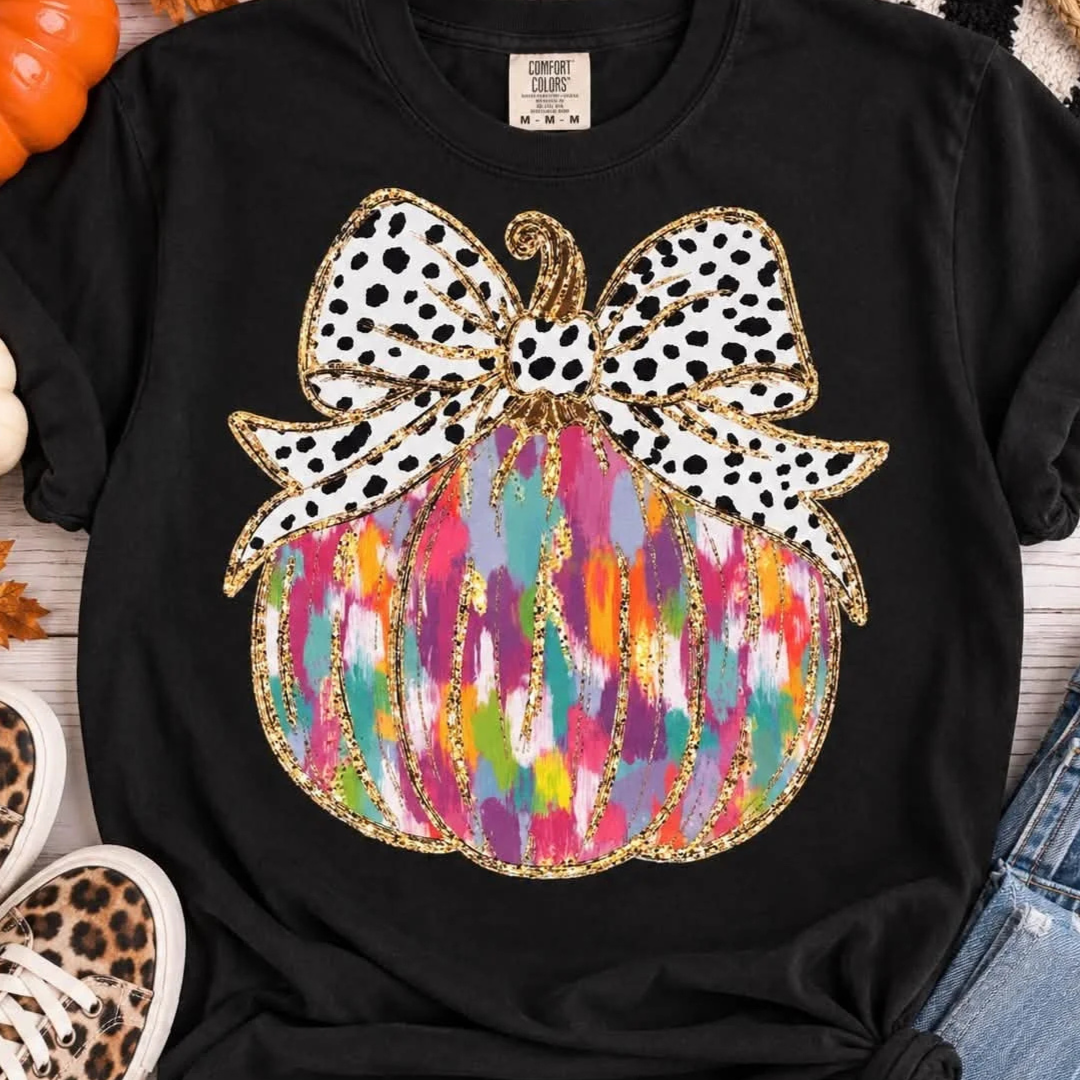 Made to Order | Vibrant Polka Bow Pumpkin Design Graphic Design Tee or Sweatshirt in Multiple Printing Options on Black