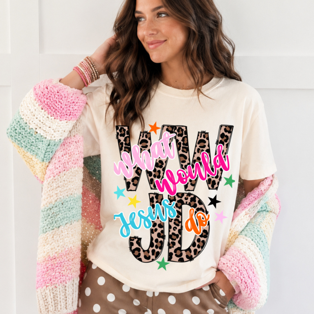 Made to Order | WWJD Leopard Design Tee or Sweatshirt in Multiple Printing Options on Ivory