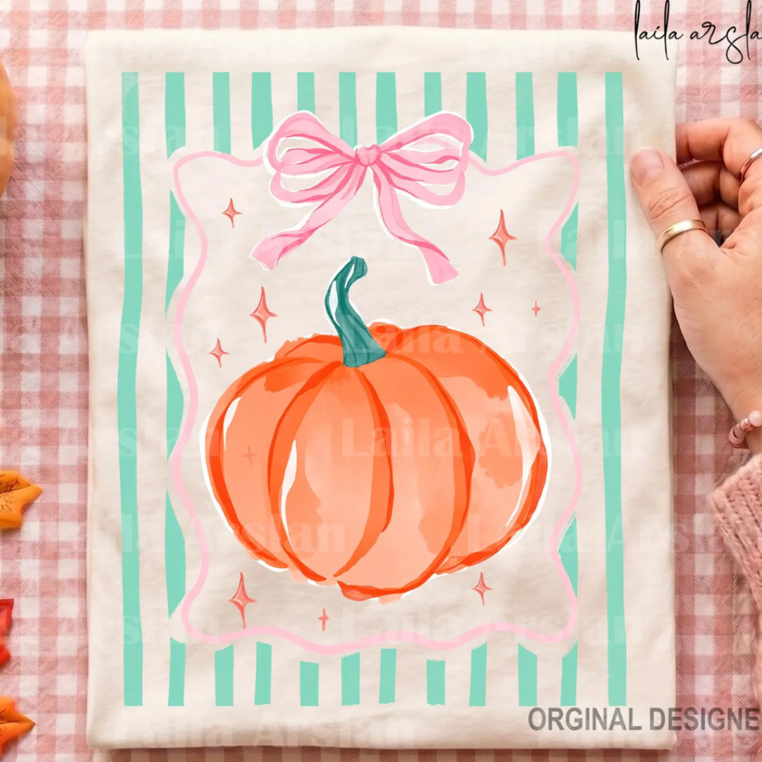 Made to Order | Way Cute Striped Pumpkin Design Tee or Sweatshirt in Multiple Printing Options on Ivory
