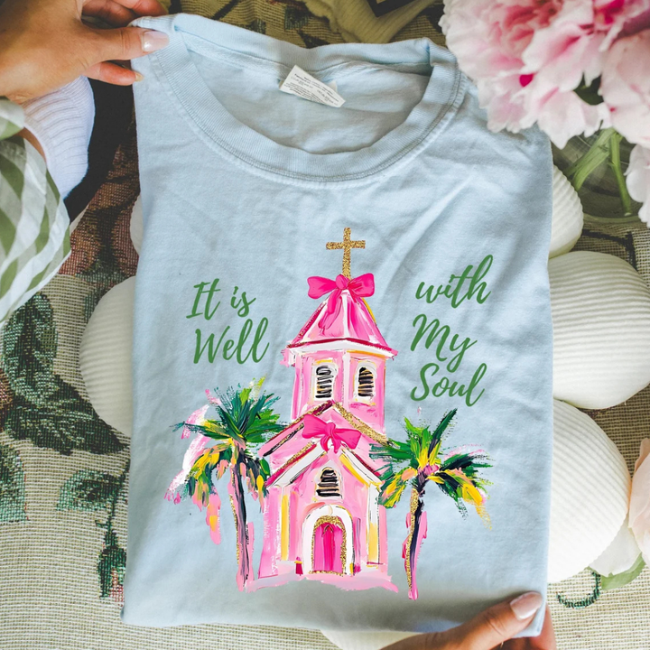 Made to Order | Well With My Soul Palm Tree Design Graphic Tee or Sweatshirt in Multiple Printing Options on Pink, Blue, or Neon Yellow