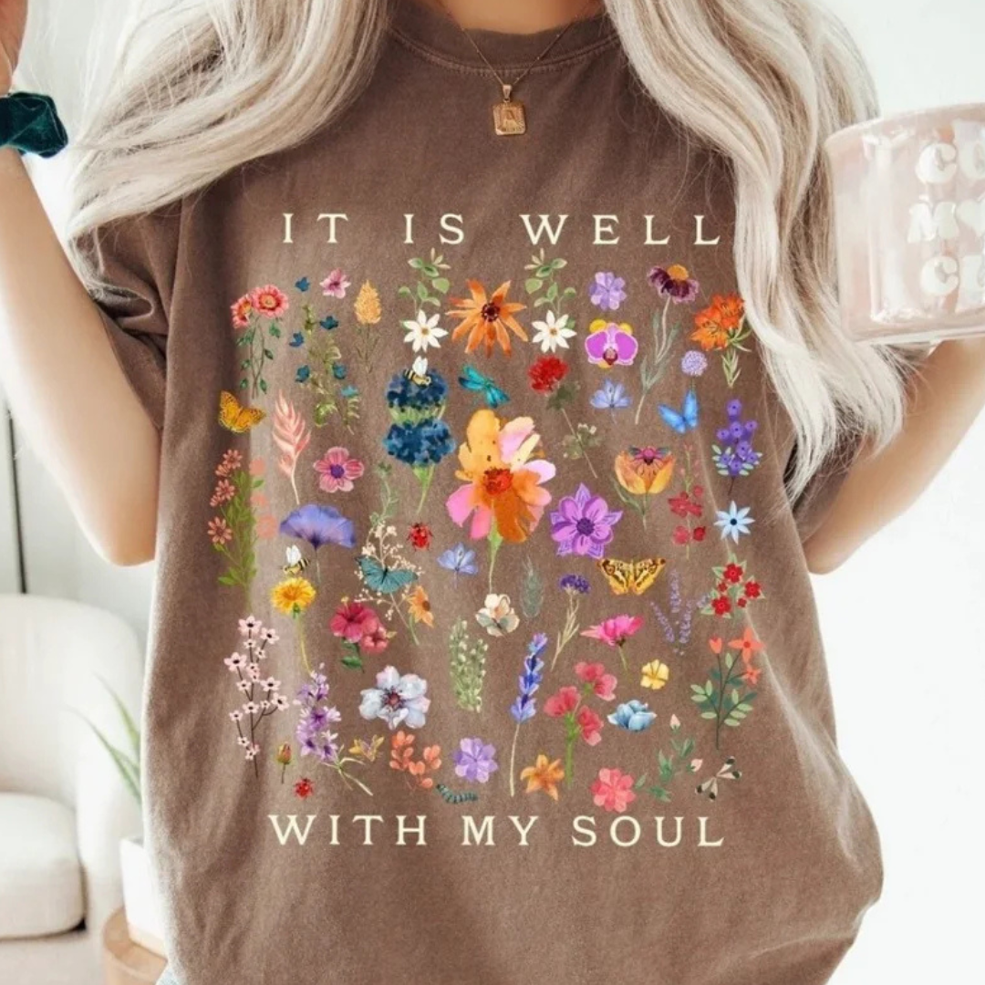 Made to Order | Well With My Soul Wildflower Design Tee or Sweatshirt in Multiple Printing Options on Brown