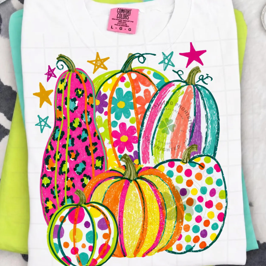 Made to Order | Whimsy Bright Fun Pumpkin Graphic Design Tee or Sweatshirt in Multiple Printing Options on white