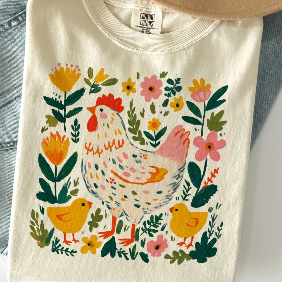 Made to Order | Whimsy Chicken Floral Graphic Design Tee or Sweatshirt in Multiple Printing Options on Ivory
