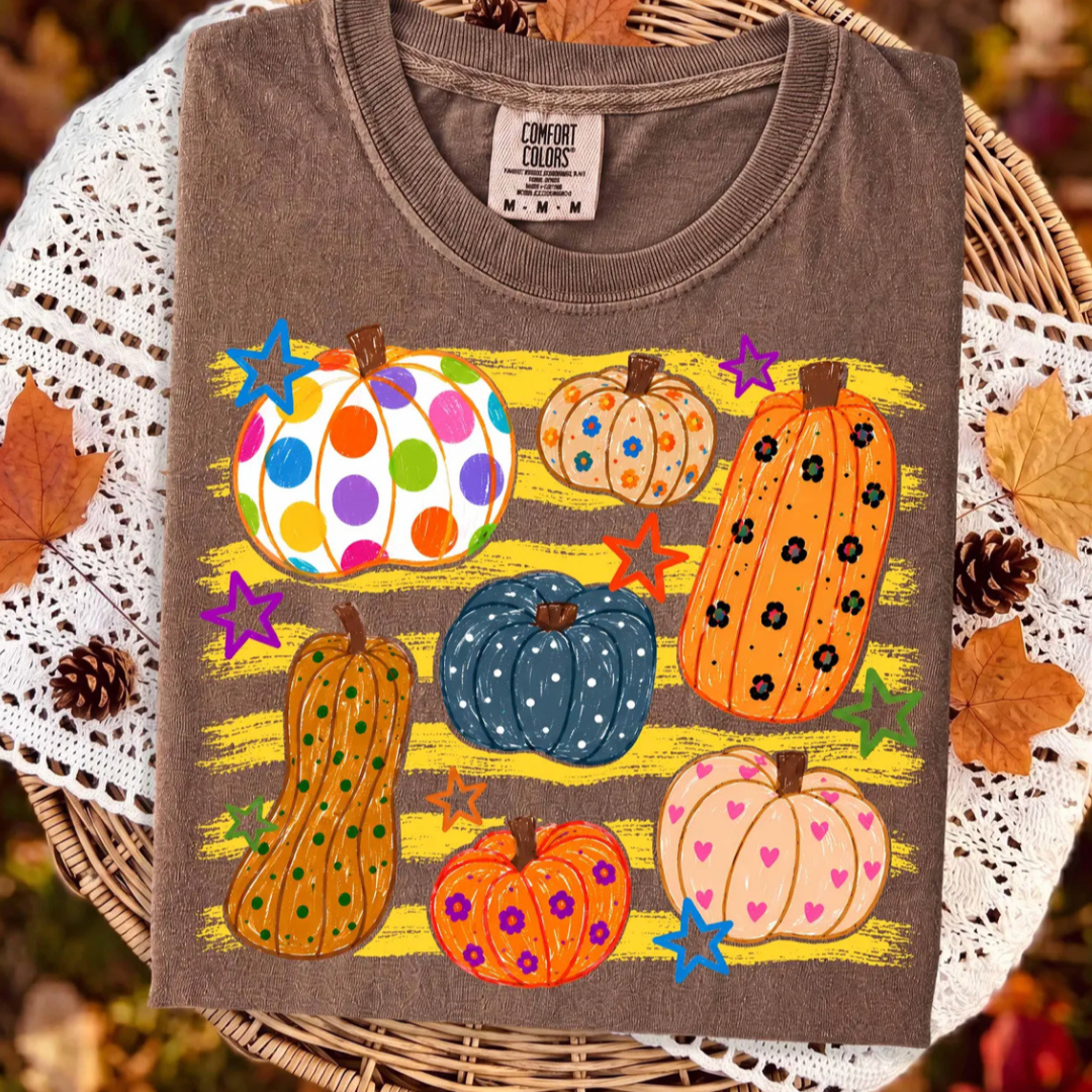 Made to Order | Whimsy Funky Pumpkin Graphic Design Tee or Sweatshirt in Multiple Printing Options on Espresso