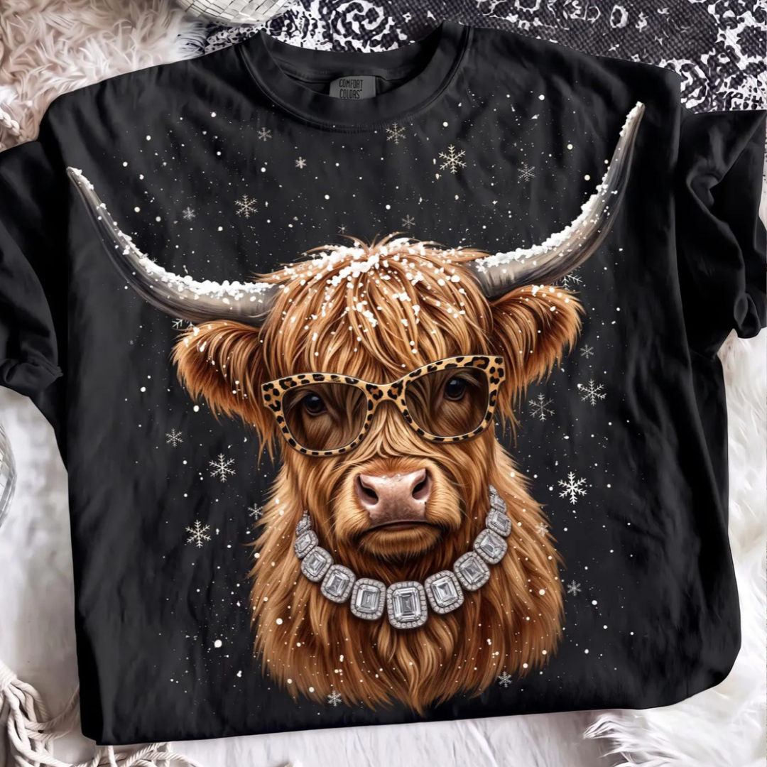 Made to Order | Winter Boujee Highland Cow Printed Graphic Design Tee or Sweatshirt in Multiple Printing Options on Black