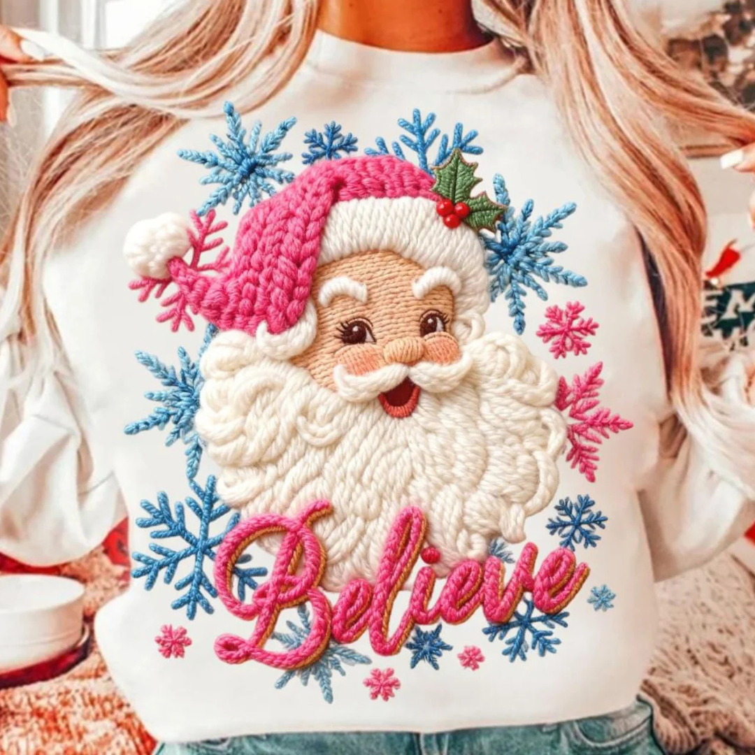 Made to Order | Faux Yarn Santa Believe Graphic Tee or Sweatshirt in Multiple Printing Options on White