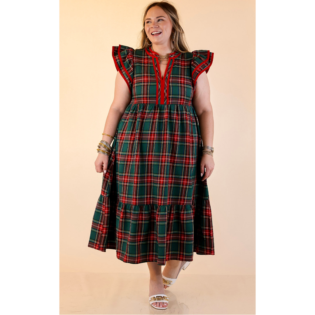 Magnolia Morning Plaid Ruffle Cap Sleeve Tiered Midi Dress in Green