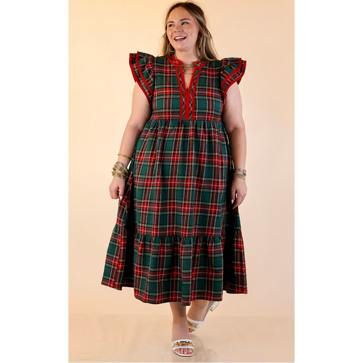 Magnolia Morning Plaid Ruffle Cap Sleeve Tiered Midi Dress in Green