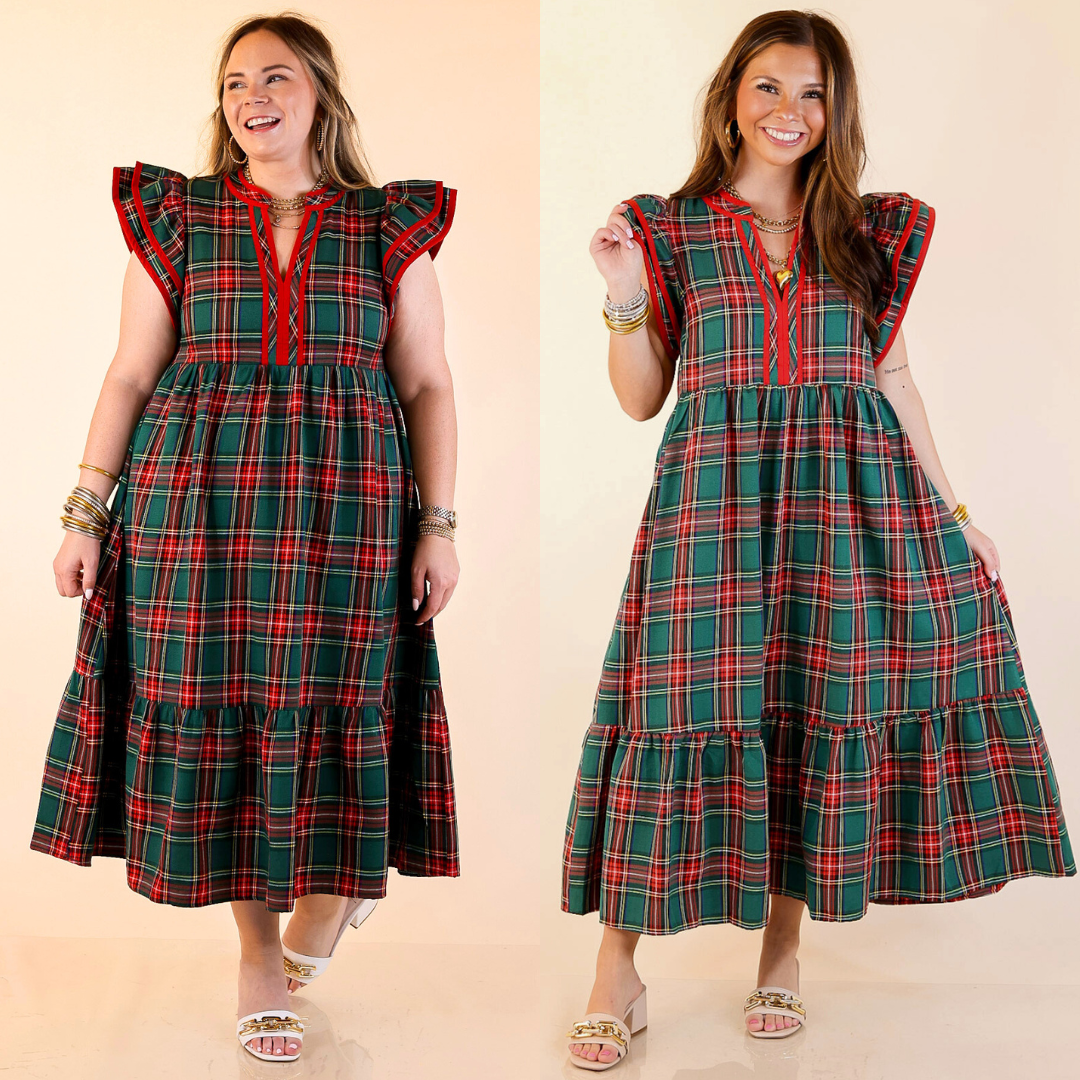 Women wearing a plaid midi dress on a beige background